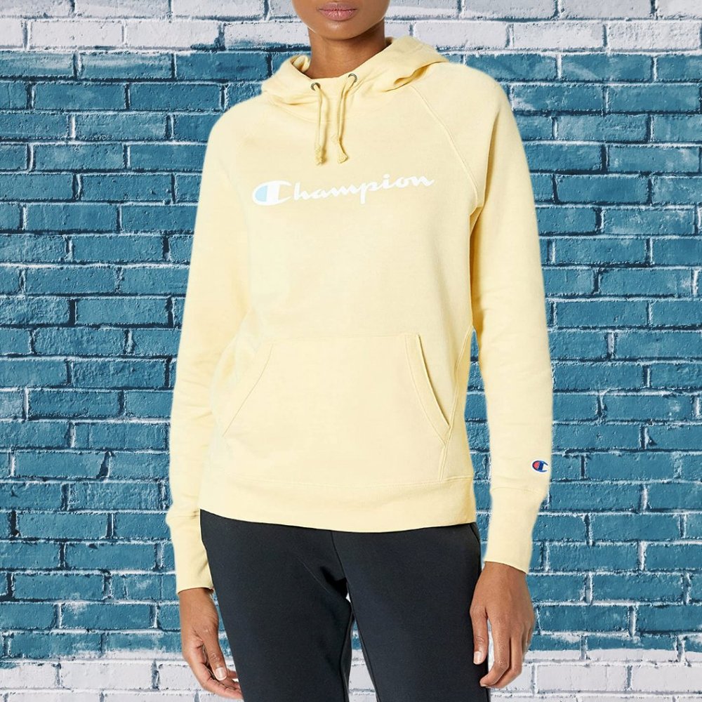 CHAMPION X-Small Hoodie 'Powerblend Graphic' Women (Melted Butter Yellow)  - EUC